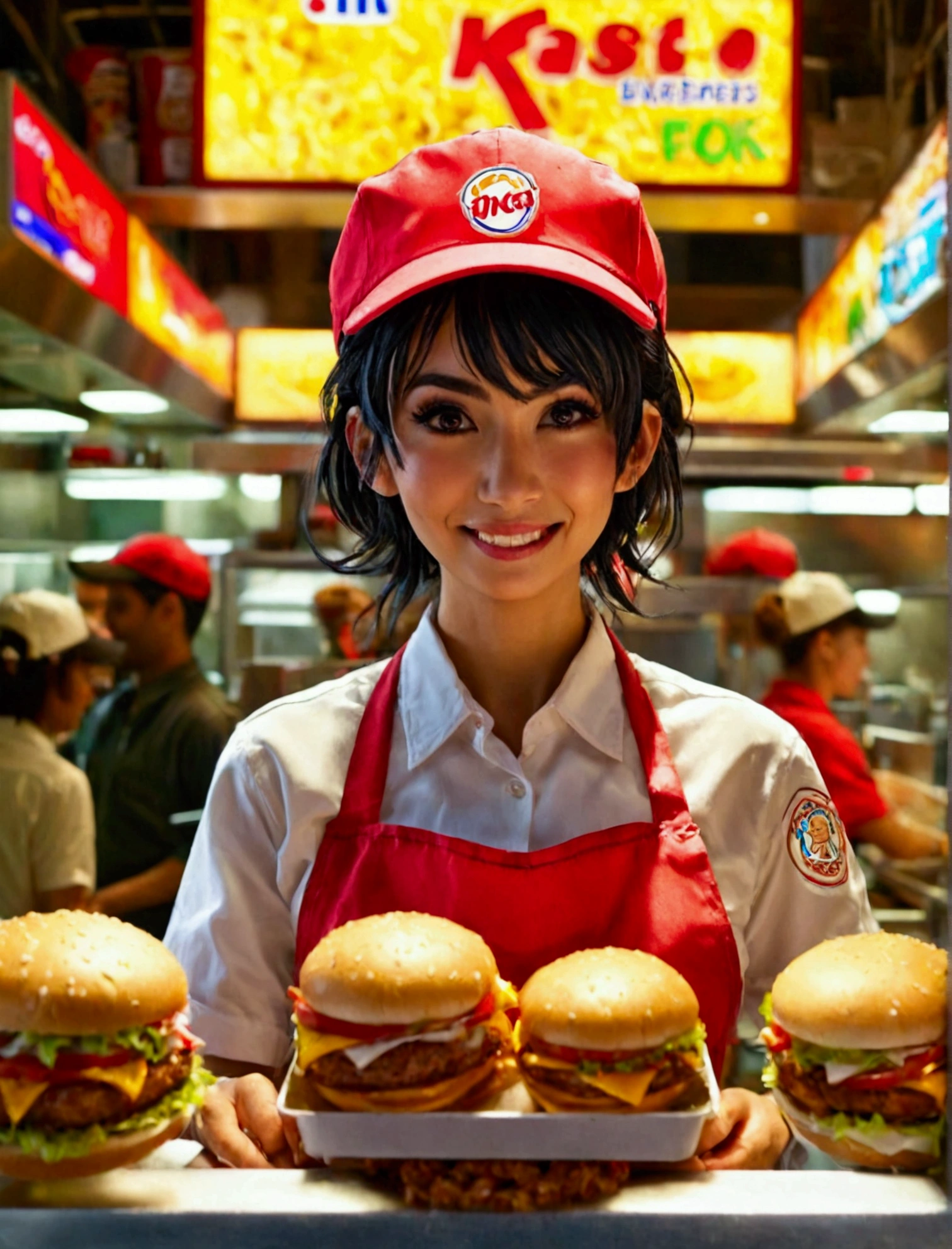 Aphotorealistic, ultra-detailed representation of a dedicated fast food worker serving customers behind the counter in an upper body shot. The individual, showcasing a genuine smile, is skillfully multitasking, handling various orders with precision and attention to detail. Their uniform, emblazoned with the familiar logos of the fast food chain, is worn neatly, and their hands move with dexterity as they assemble meals. The background is a blur of movement, customers lining up to place their orders. The scene is brightly lit, highlighting the worker's focused expression and the intricate mechanisms of the fast food assembly line. The image is shot in 8K UHD, gigantic breasts, giga_busty