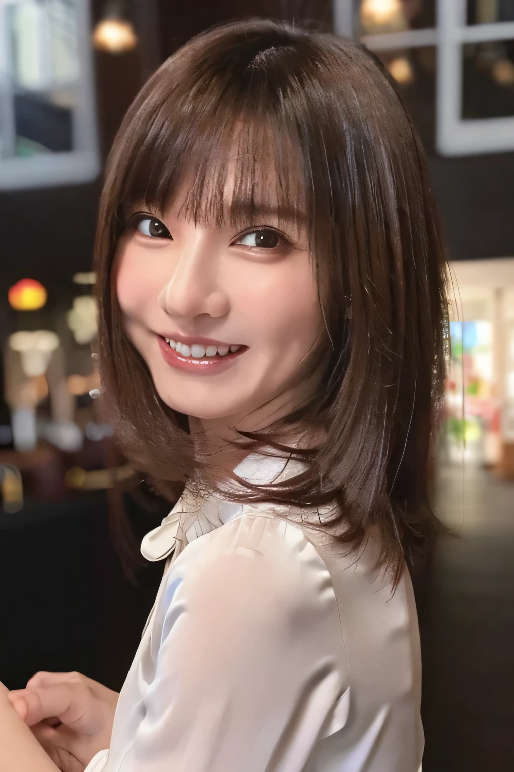 ((masterpiece)), ((Highest quality)), ((Complex)), ((Surreal)), (Realistic), (Mature Woman), ((There are no classes)), Very detailed, (1 female), Beautiful and exquisite, (Beautiful Teeth), Grin, Brunette Bob Hair, Brown eyes, ((blouse)), (Upper Body), (background:none), Perfect Eyes, Captivating eyes, Looking at the audience