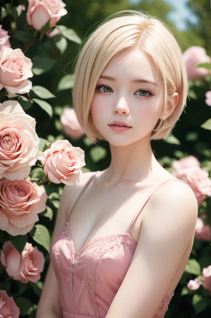 8K, CRU photo, Fujifilm, style photo of a beautiful young woman like Avril in a light pink rose garden (highly detailed skin: 1.2) Style-Petal BREAK short hair, blonde hair with colored highlights, wearing a dress, film grain, 35mm, cute style