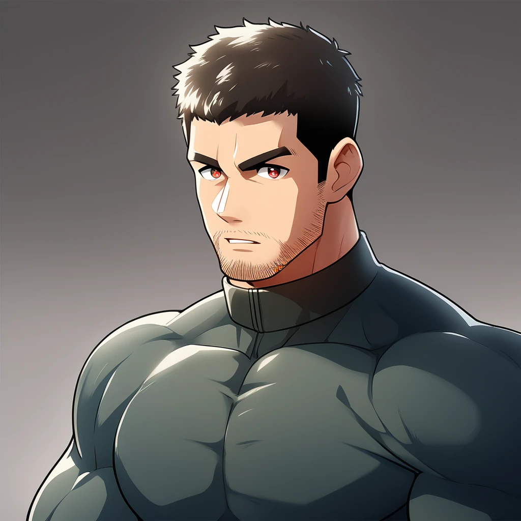 anime characters：Chris Redfield, Muscle Sports Student, Manliness, male focus, Dark black high collar long sleeve tight T-shirt, Slightly transparent material, Very tight, Round, full and perky chest muscles, Slightly transparent, muscular male, muscular, only, Upper body, alone, Black short hair, Thick eyebrows, stubble, Brown-red pupils, Grey background, simple background, amazing quality, best aesthetics, Ridiculous, crew cut, parted lips, v-shaped eyebrows, jitome, best quality