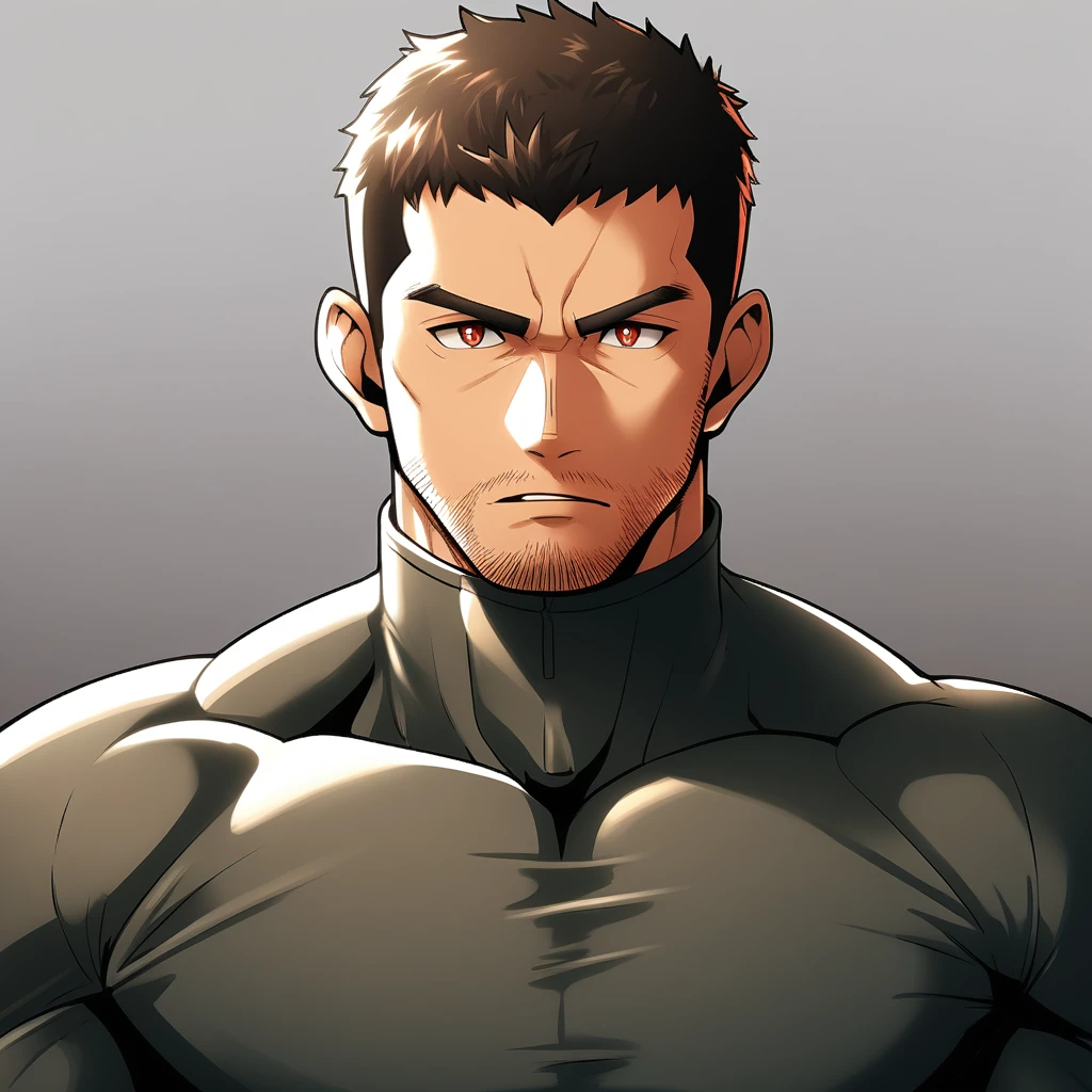 anime characters:Chris Redfield, Muscle Sports Student, Manliness, male focus, Dark black high collar long sleeve tight T-shirt, Slightly transparent material, Very tight, Round, full and perky chest muscles, Slightly transparent, muscular male, muscular, only, Upper body, alone, Black short hair, Thick eyebrows, stubble, Brown-red pupils, Grey background, simple background, amazing quality, best aesthetics, Ridiculous, crew cut, parted lips, v-shaped eyebrows, jitome, best quality