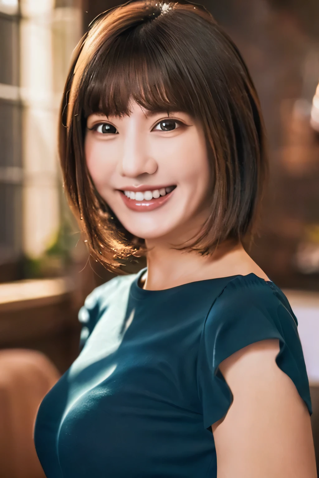 ((masterpiece)), ((Highest quality)), ((Complex)), ((Surreal)), (Realistic), (Mature Woman), ((There are no classes)), Very detailed, (1 female), Beautiful and exquisite, (Beautiful Teeth), Grin, Brunette Bob Hair, Brown eyes, ((blouse)), (Upper Body), (background:none), Perfect Eyes, Captivating eyes, Looking at the audience