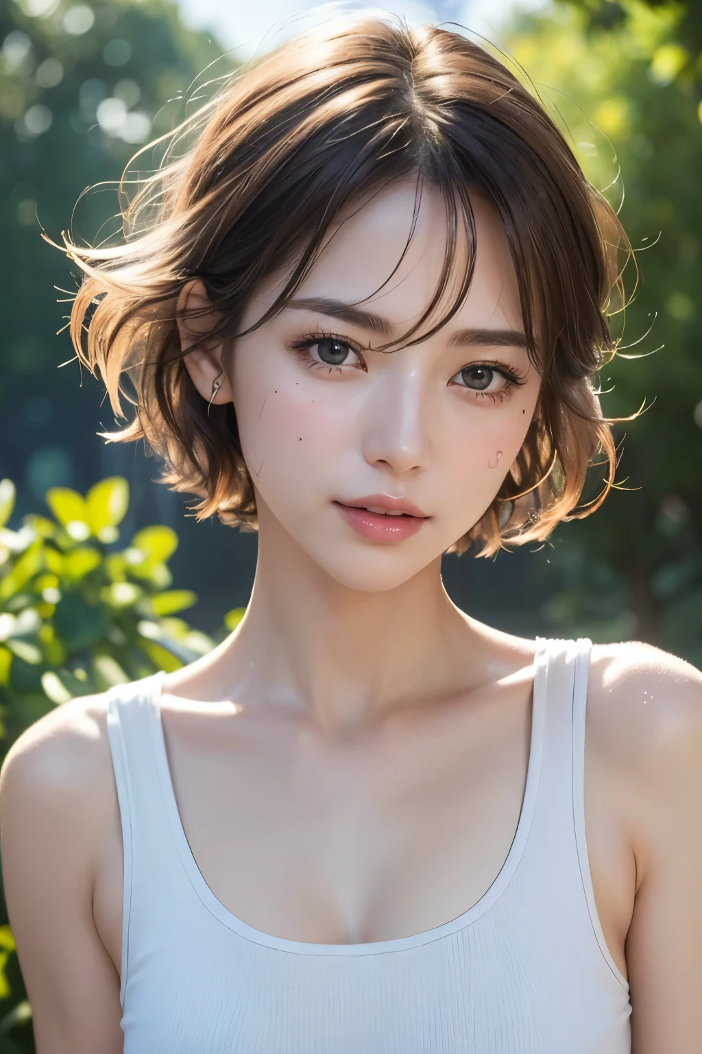 Ultra-high resolution、(masterpiece:1.3), (8K, Best image quality: 1.4)、 (Real:1.4)、One beautiful woman、Beautifully detailed eyes and skin、Micro Smile、Sweat on sunburned skin、Light brown short hair、Hair swaying in the wind、Color Tank Top、Small Bust、Don't emphasize cleavage!hide、Sand Planet、なdesert、desert!