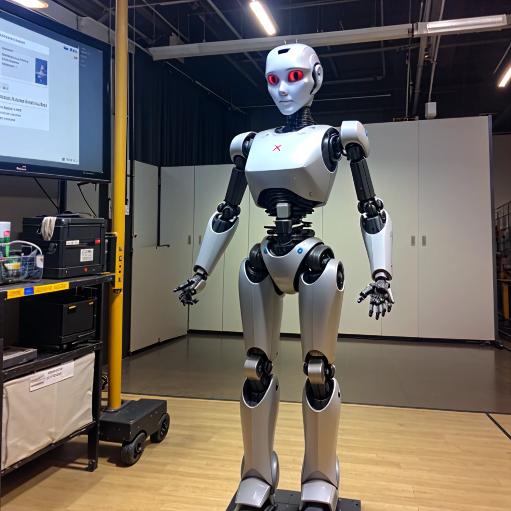A gaint 3d robot standing straight and pointing index finger to camera
