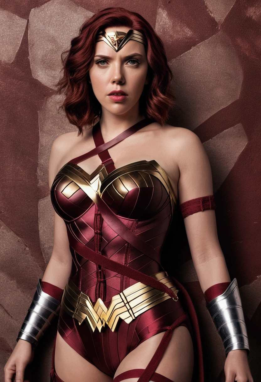 Scarlett Johansson, (bandage:1.3), (bdsm:1.1), beautiful body, beautiful breasts, shorts, burgundy hair, cosplay Wonder Woman, shot on dslr, detailed face, cinematography, maximum details, neutral colors, hdr, muted colors, soft cinematic light, insane details, intricate details, hyperdetailed, masterpiece, 8k, wallpaper, (detailed), high quality, ((high detailed skin, skin details)), sharp focus, 8k uhd, dslr, film grain