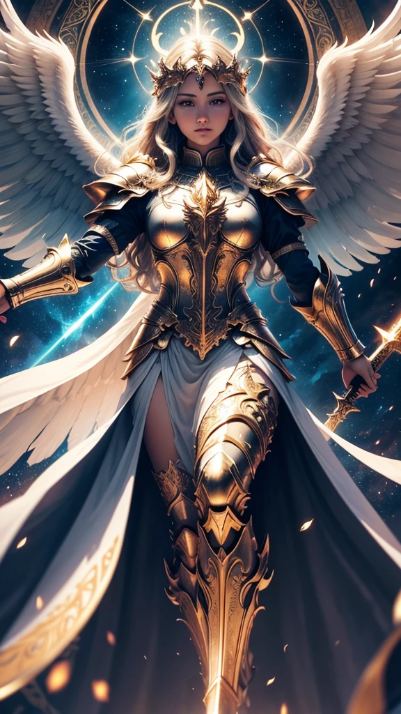 A highly detailed image of an archangel. The archangel is depicted with large, majestic wings, wearing shining armor with intricate designs. He has a powerful and serene expression, holding a radiant sword and a shield. The background features a celestial landscape with clouds, beams of light, and a sense of divine presence. The scene captures the majesty and power of the archangel, surrounded by a glowing aura and heavenly light.