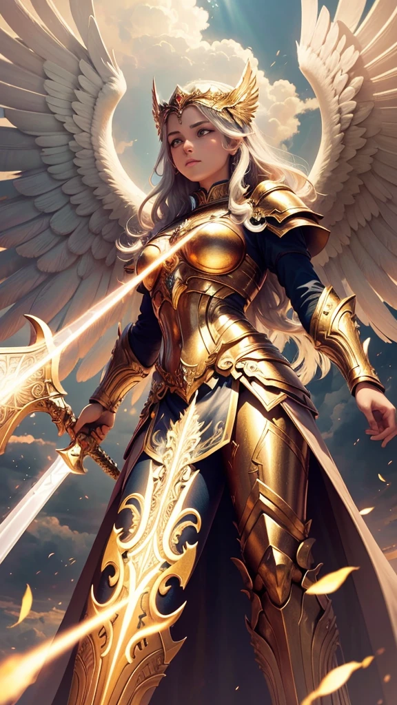 A highly detailed image of an archangel. The archangel is depicted with large, majestic wings, wearing shining armor with intricate designs. He has a powerful and serene expression, holding a radiant sword and a shield. The background features a celestial landscape with clouds, beams of light, and a sense of divine presence. The scene captures the majesty and power of the archangel, surrounded by a glowing aura and heavenly light.