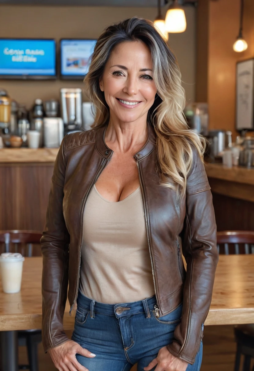 Mature woman of 45 years old full body with hair in a ponytail and dark layers falling on her face, medium size, beautiful face and perfect body, large and round sagging breasts, hands behind her head, smile, firm skin, standing in a cafeteria posing for a photo, she is wearing a brown leather jacket and a large neckline. beige jeans, (((view from behind looking at her buttocks))), Mature beauty that leaves you speechless, perfect face and body, attractive, beautiful hair, beautiful milf, lovely mature milf, beautiful 45 years old, beautiful hair milf dark with blue highlights at the tips, beautiful detailed body and face, a beautiful milf, background of a cafe in the city, golden hour in NY City