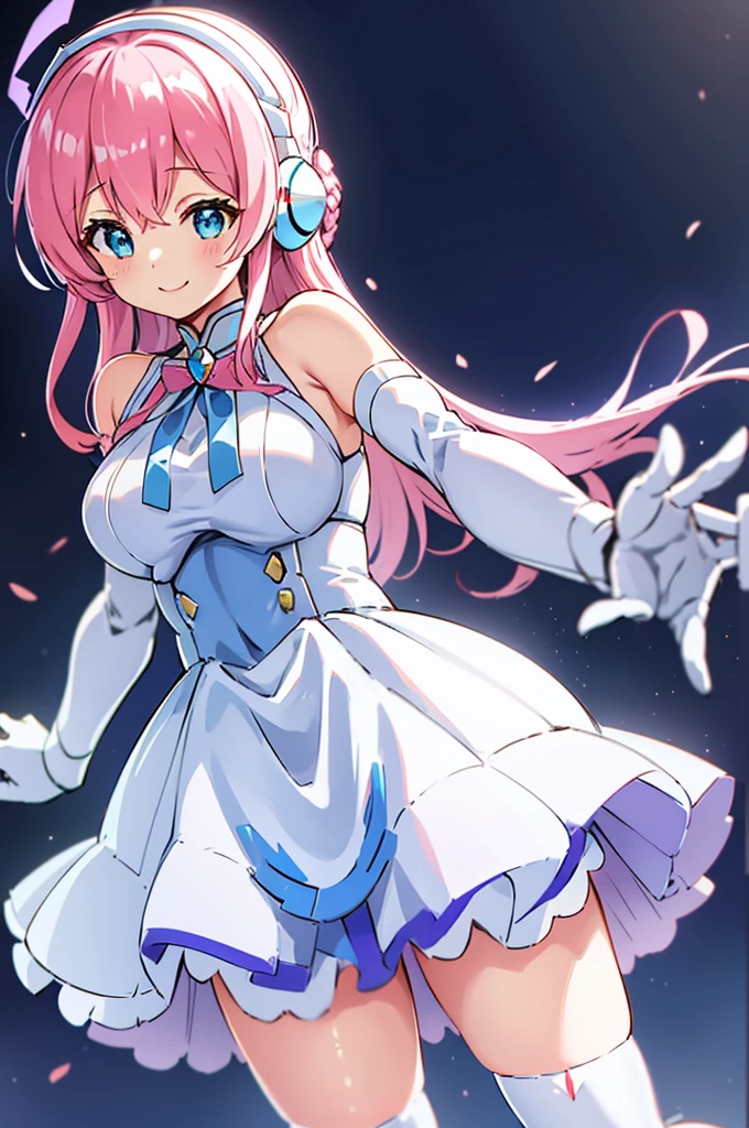 Mecha Wings、White and blue skirt、Accentuated thighs、White tights、chest、Beautiful pink hair、1 girl、solo girl、Thick thighs、is、Frame Arms Girl、Alice Gere Aegis、White Armor、Blue and purple lines、income、headphone、hand on own chest、smile