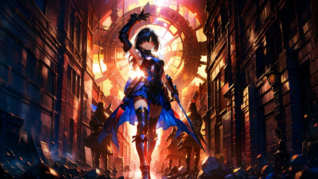 masterpiece, best quality, high quality, detailed, ultra detailed, hyper detailed, insanely detailed, exquisite, beautiful, FHD, Full-HD, 4K, 8K, 16K, highres, absurdres,Overall reddish black, ((1girl)), medium shot,mystic knight, serious look, sword fighting, covering one eye, black hair, red eyes, armor, long boots, with a sword, fantasy,hailoknight, holding sword, holding weapon
