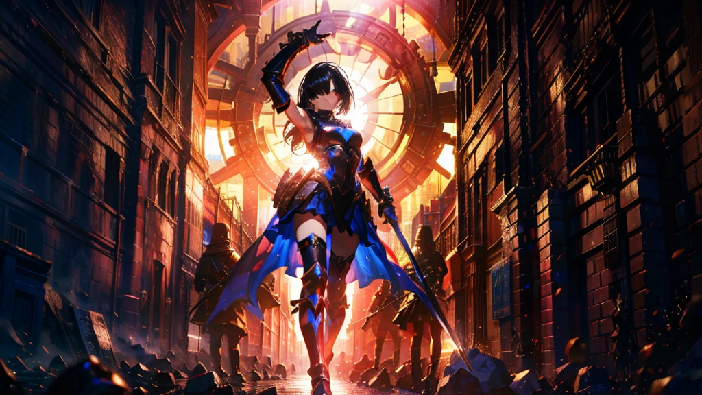 masterpiece, best quality, high quality, detailed, ultra detailed, hyper detailed, insanely detailed, exquisite, beautiful, FHD, Full-HD, 4K, 8K, 16K, highres, absurdres,Overall reddish black, ((1girl)), medium shot,mystic knight, serious look, sword fighting, covering one eye, black hair, red eyes, armor, long boots, with a sword, fantasy,hailoknight, holding sword, holding weapon