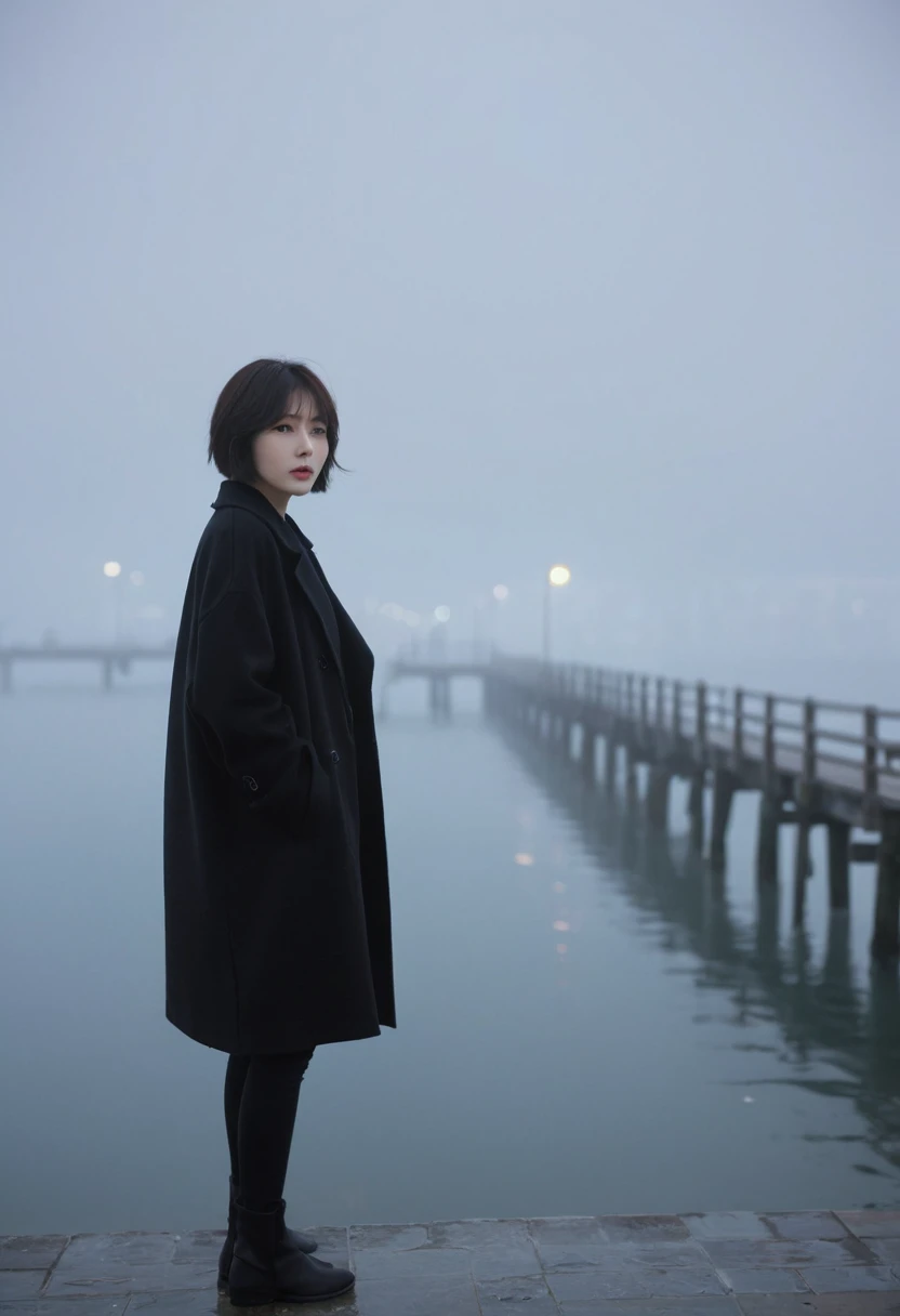 Korean woman,Short hair, black coat, cool,rain,blur,Fog,middle,cool,boring,,pier,only,Coast, The dim light shines in the Fog,and the figure stands in the Fog holding , 