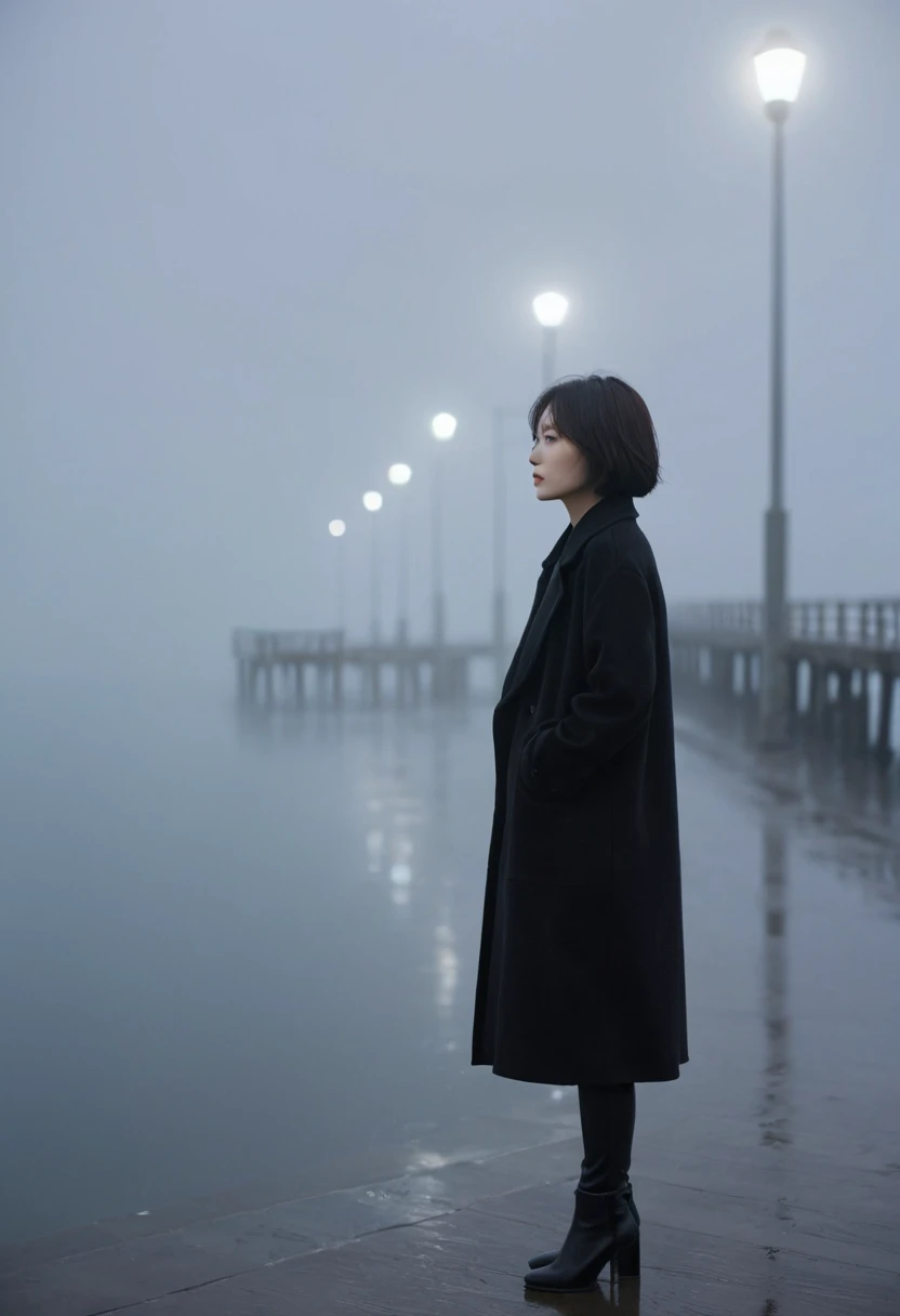 Korean woman,Short hair, black coat, cool,rain,blur,Fog,middle,cool,boring,,pier,only,Coast, The dim light shines in the Fog,and the figure stands in the Fog holding ,