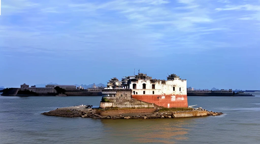 There is a small building on the rocks in the middle of the water, History background, an island, Earlier, Guangjian, A huge floating castle, Totalitarian Prison Island, Hashima Island, keep, indore, viewed from the harbor, Ruins all around, The floating palace, sha xi, building along a river, This photo was taken from a distance