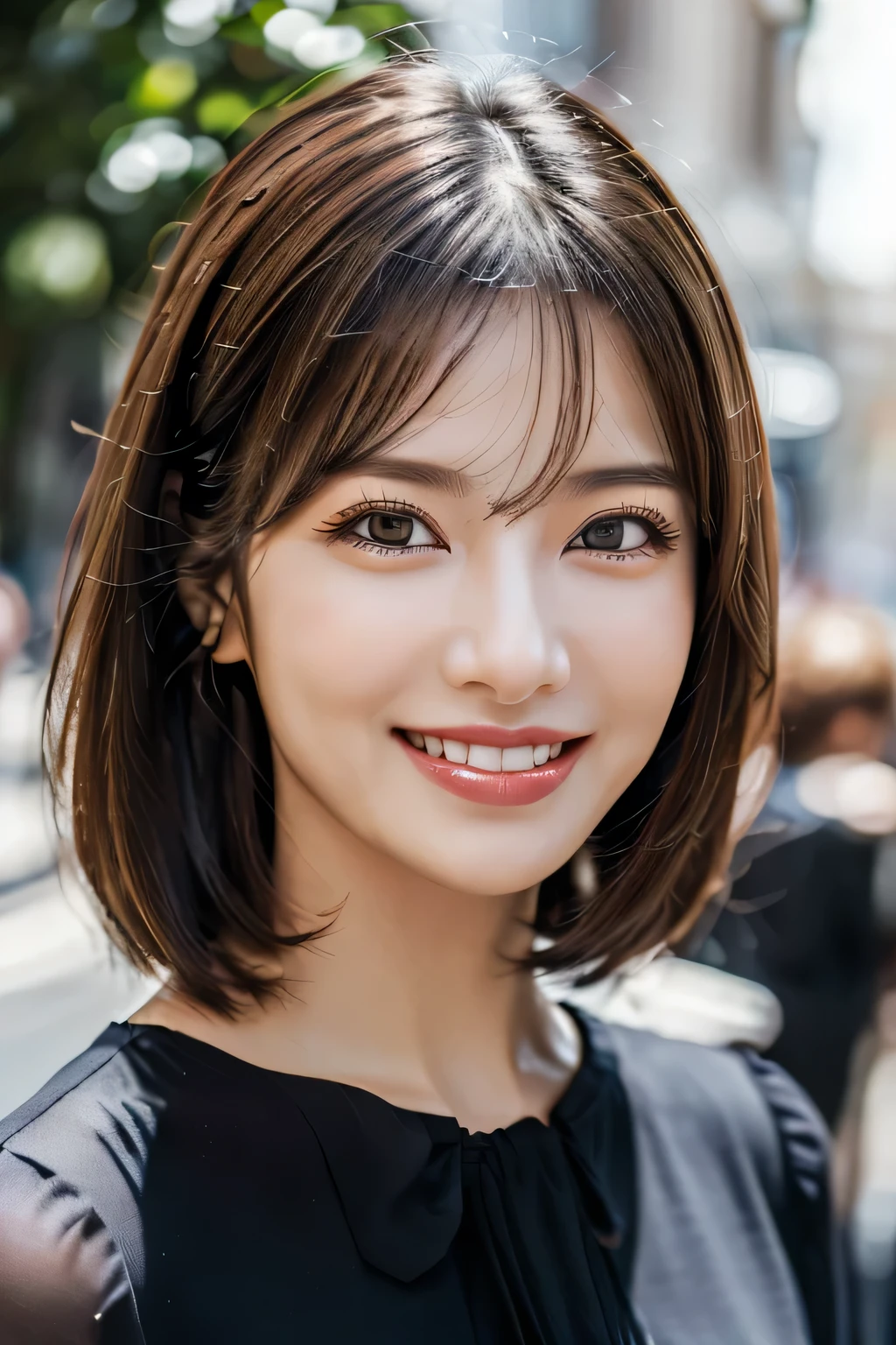((masterpiece)), ((Highest quality)), ((Complex)), ((Surreal)), (Realistic), (Mature Woman), ((There are no classes)), Very detailed, (1 female), Beautiful and exquisite, (Beautiful Teeth), Grin, Brunette Bob Hair, Brown eyes, ((blouse)), (Upper Body), (background:none), Perfect Eyes, Captivating eyes, Looking at the audience
