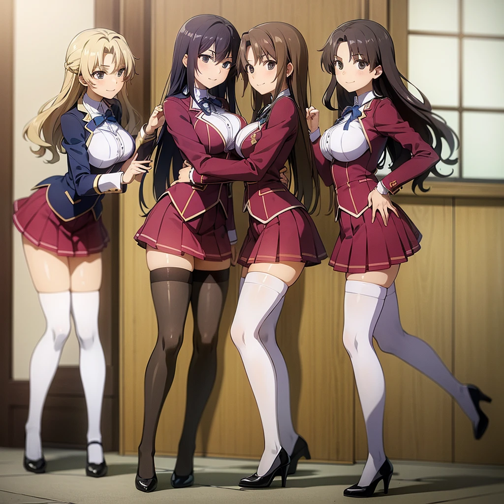 Masterpiece, high quality, 3girls, duo, identical twins, identical sisters, brown hair, curly hair, matching hairstyles, hazel eyes, medium sized bust, (school uniform, sexy school uniform, blazer, lace section, ribbon, rainbow short skirt, white thigh-high socks, black high heels, matching outfits), smile, flat_colour, full body, seductive pose, Duo pose: From the side angle, people&#39;s body curves are beautiful.
hugged from the side