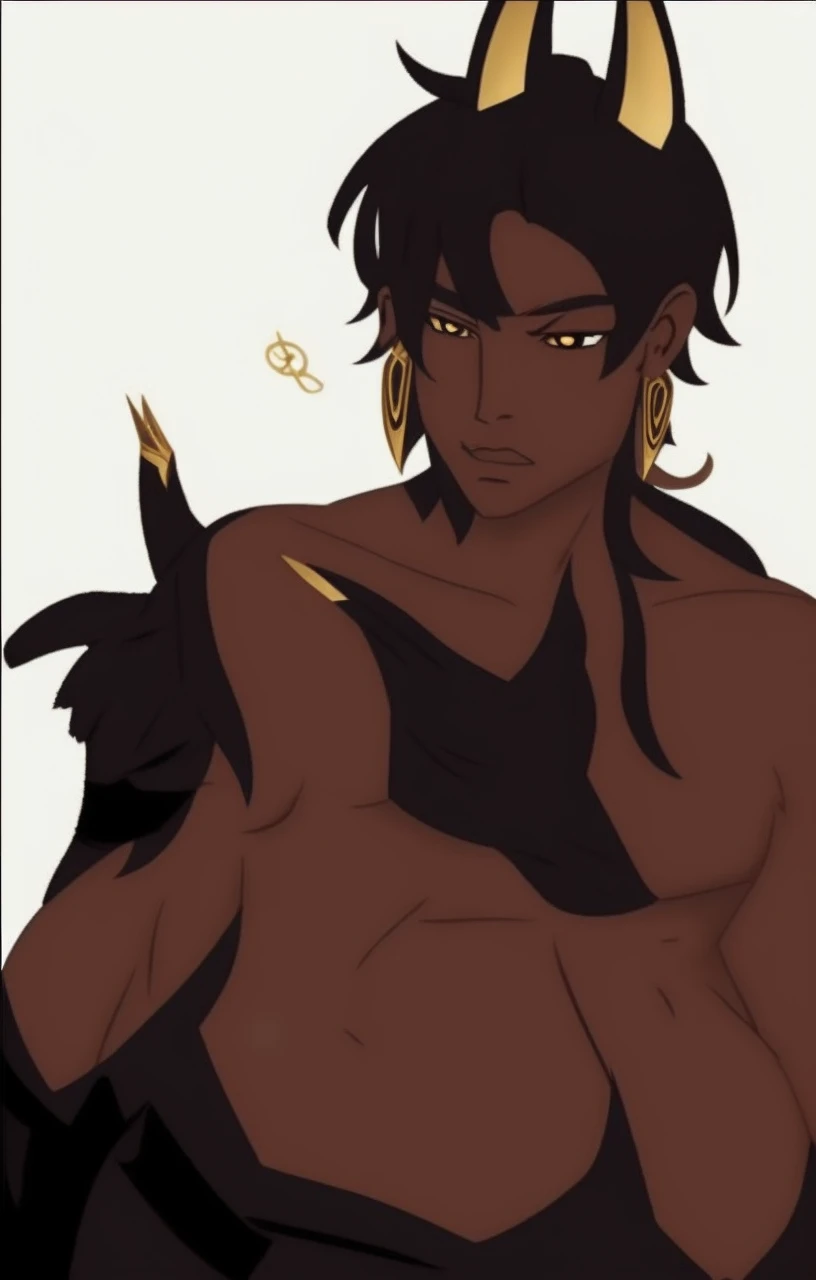 Dark-skinned man, perfect, handsome, defined face, flirtatious smile, wolf cut, short black hair, wolf ears, Eyes Yellow , Tattoo of a black eye on the forehead, muscular body, well detailed, attention, Egyptian god, Anubis human man.