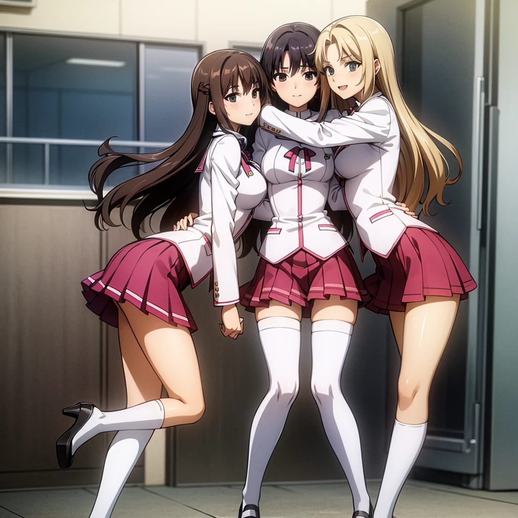 Masterpiece, high quality, 3girls, duo, identical twins, identical sisters, brown hair, curly hair, matching hairstyles, hazel eyes, medium sized bust, (school uniform, sexy school uniform, blazer, lace section, ribbon, rainbow short skirt, white thigh-high socks, black high heels, matching outfits), smile, flat_colour, full body, seductive pose, Duo pose: From the side angle, people's body curves are beautiful.
hugged from the side