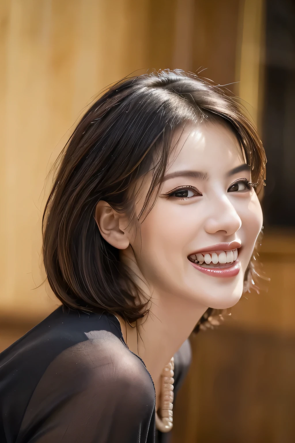 ((masterpiece)), ((Highest quality)), ((Complex)), ((Surreal)), (Realistic), (Mature Woman), ((There are no classes)), Very detailed, (1 female), Beautiful and exquisite, (Beautiful Teeth), Grin, Brunette Bob Hair, Brown eyes, ((blouse)), (Upper Body), (background:none), Perfect Eyes, Captivating eyes, Looking at the audience