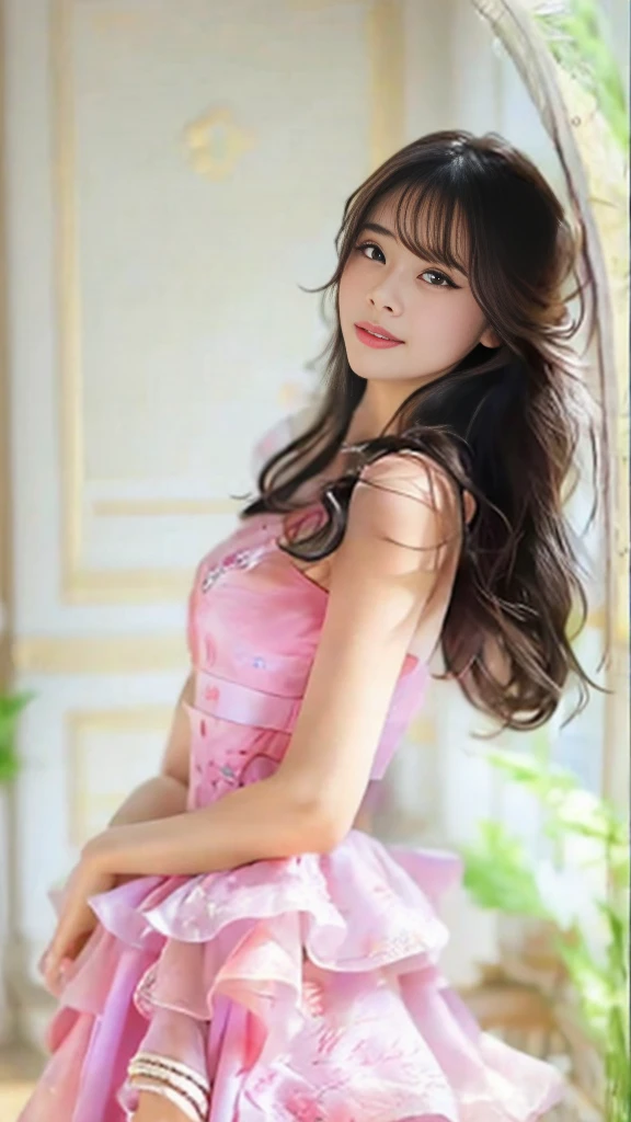 riz, masterpiece, highest quality, movie theater, (cute japanese woman, Extremely long hair:1.1, straight hair, Straight Bangs), 1 girl, elegant、(Pink dress with white frills), In a room with white walls