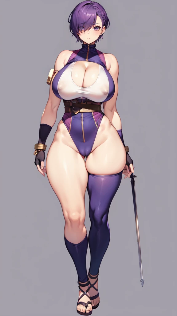 (masterpiece), best quality, female warrior, huge girl, female muscular:1.2, (curvy:1.7), (((blank background))), ((full body)), fingerless gloves, sandals, sleeveless, covered nipples, ((buzzcut hairstyle)), purple hair, hair over eyes, ((very big legs:1.4)), ((camel toe)), (cleavage)