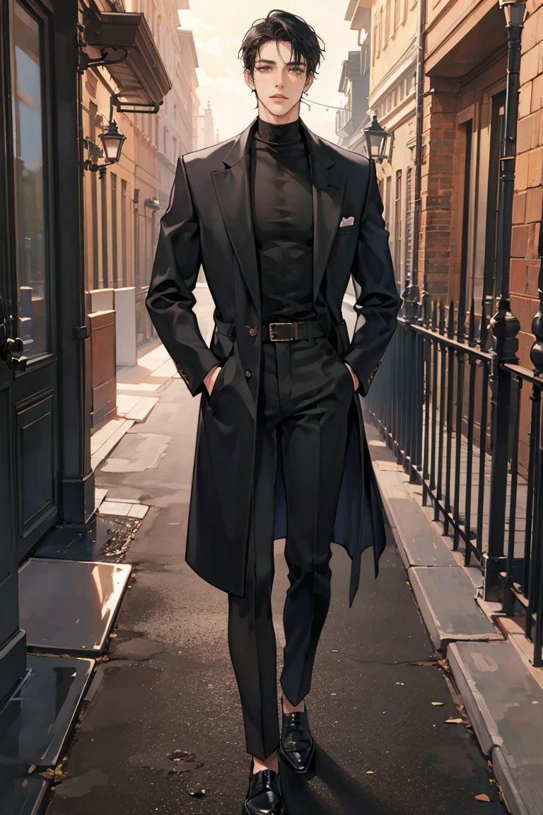 (masterpiece), best quality, seductive eyes, perfect face, handsome man, brown eyes, long slicked back black hair, long nose, tan brown skin, plain black turtleneck, black coat, black fitted pants, extremely tall man, long legs, long calves, full body, tall man, long legs, anime cover, 1boy, ear piercings, hands in pockets, adult-like look, cafe background