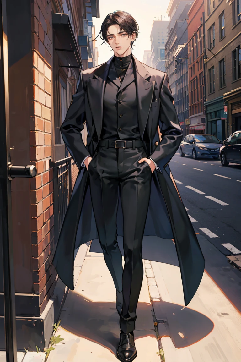 (masterpiece), best quality, seductive eyes, perfect face, handsome man, brown eyes, long slicked back black hair, long nose, tan brown skin, plain black turtleneck, black coat, black fitted pants, extremely tall man, long legs, long calves, full body, tall man, long legs, anime cover, 1boy, ear piercings, hands in pockets, adult-like look, cafe background