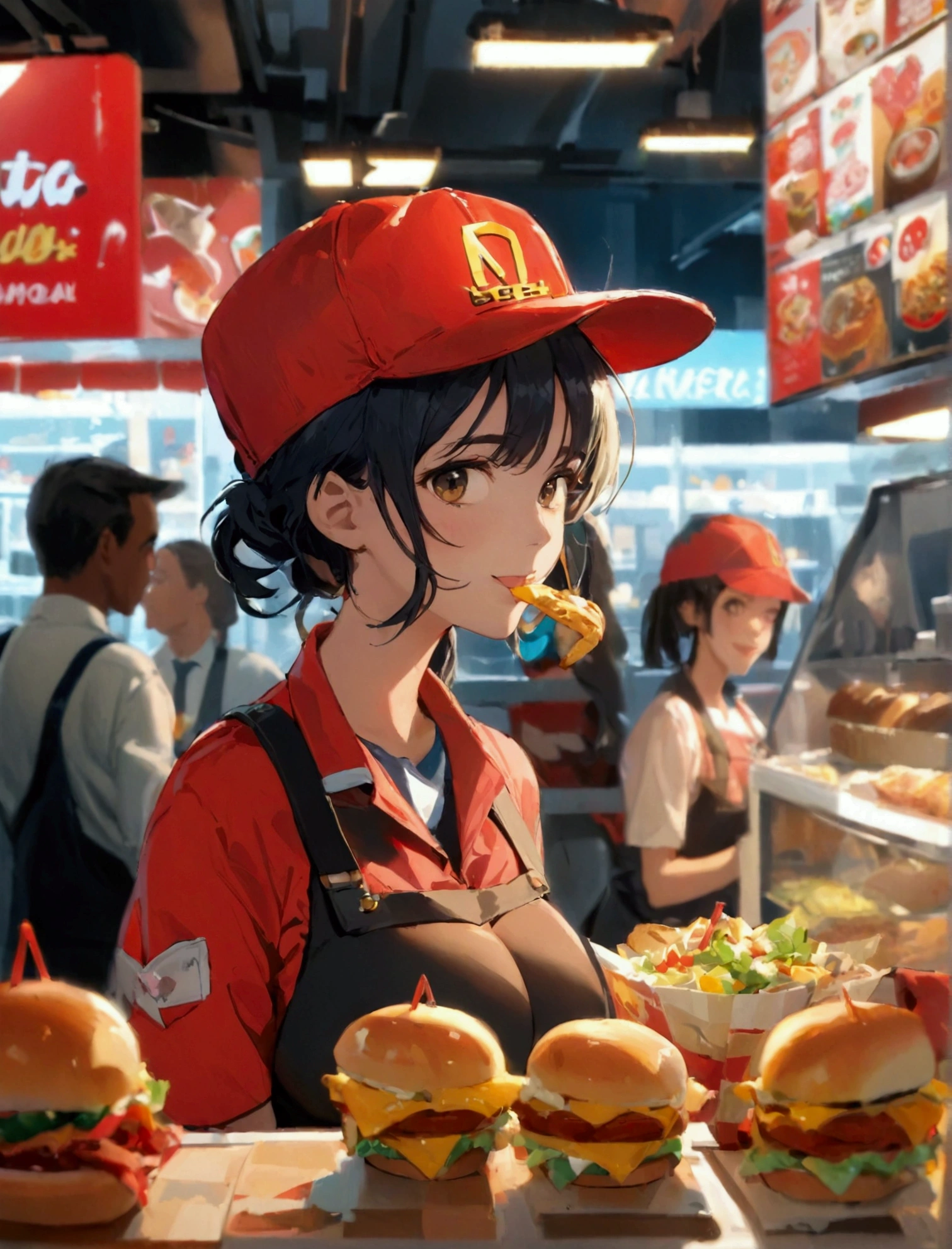 Aphotorealistic, ultra-detailed representation of a dedicated fast food worker serving customers behind the counter in an upper body shot. The individual, showcasing a genuine smile, is skillfully multitasking, handling various orders with precision and attention to detail. Their uniform, emblazoned with the familiar logos of the fast food chain, is worn neatly, and their hands move with dexterity as they assemble meals. The background is a blur of movement, customers lining up to place their orders. The scene is brightly lit, highlighting the worker's focused expression and the intricate mechanisms of the fast food assembly line. The image is shot in 8K UHD, gigantic breasts, giga_busty