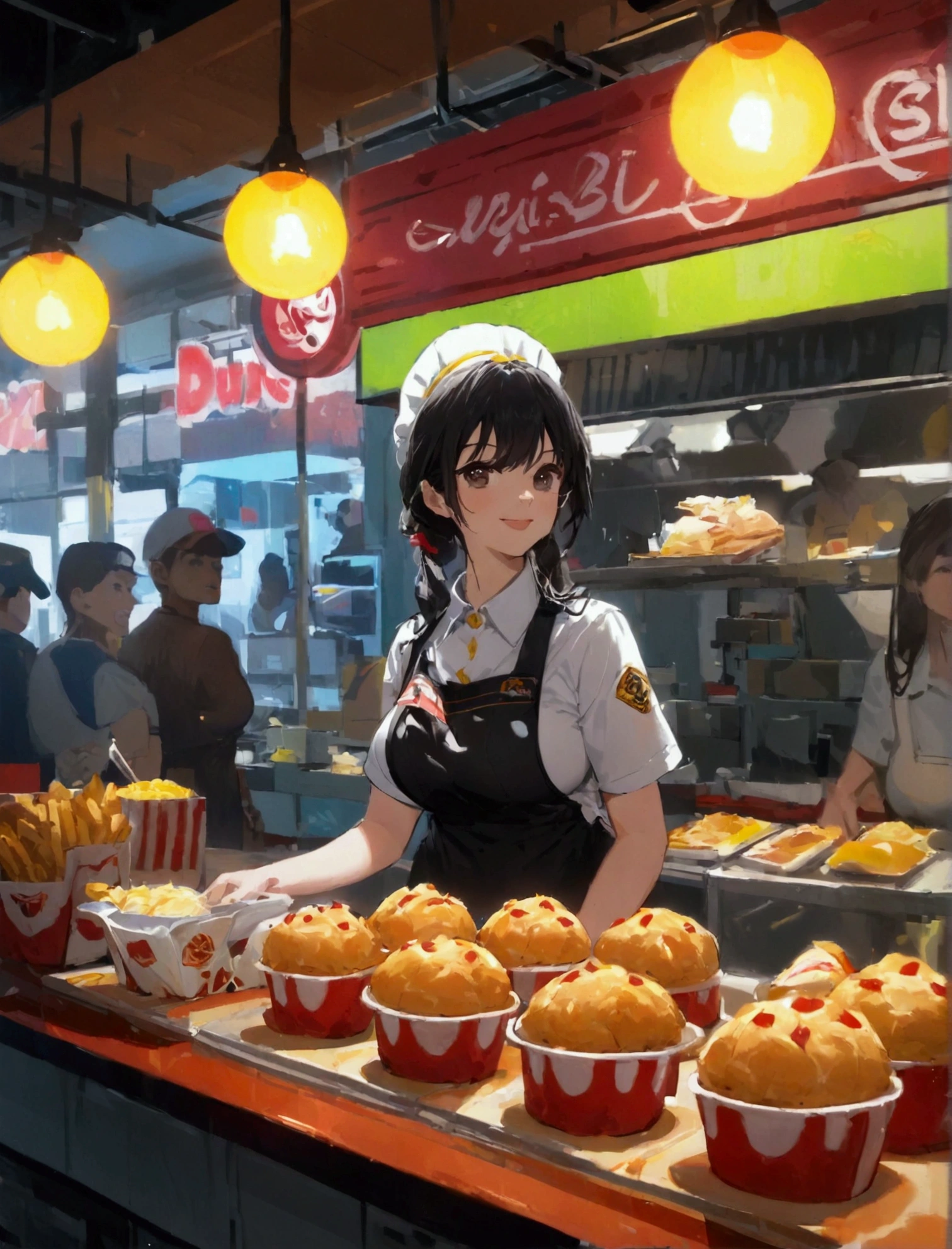 Aphotorealistic, ultra-detailed representation of a dedicated fast food worker serving customers behind the counter in an upper body shot. The individual, showcasing a genuine smile, is skillfully multitasking, handling various orders with precision and attention to detail. Their uniform, emblazoned with the familiar logos of the fast food chain, is worn neatly, and their hands move with dexterity as they assemble meals. The background is a blur of movement, customers lining up to place their orders. The scene is brightly lit, highlighting the worker's focused expression and the intricate mechanisms of the fast food assembly line. The image is shot in 8K UHD, gigantic breasts, giga_busty