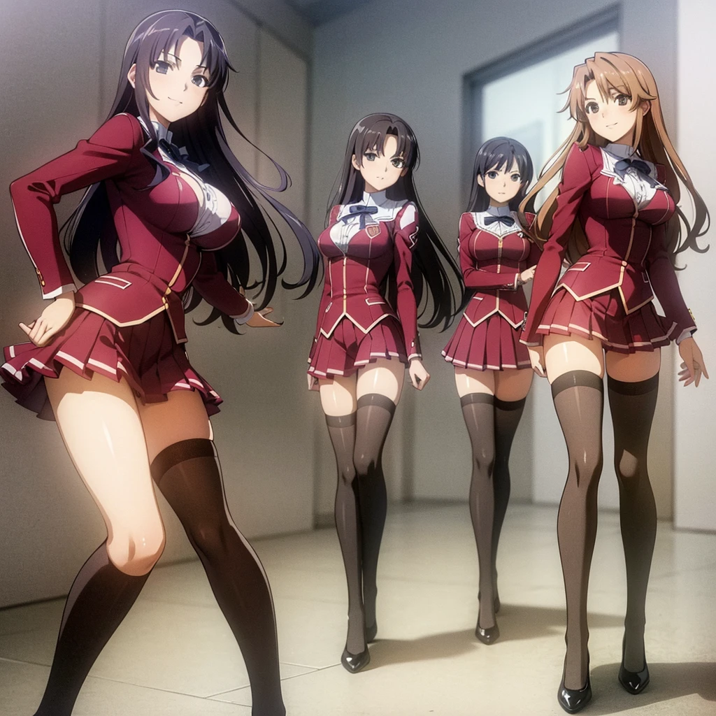 Masterpiece, high quality, 3girls, duo, identical twins, identical sisters, brown hair, curly hair, matching hairstyles, hazel eyes, medium sized bust, (school uniform, sexy school uniform, blazer, lace section, ribbon, rainbow short skirt, white thigh-high socks, black high heels, matching outfits), smile, flat_colour, full body, seductive pose, Duo pose: From the side angle, people's body curves are beautiful.
hugged from the side