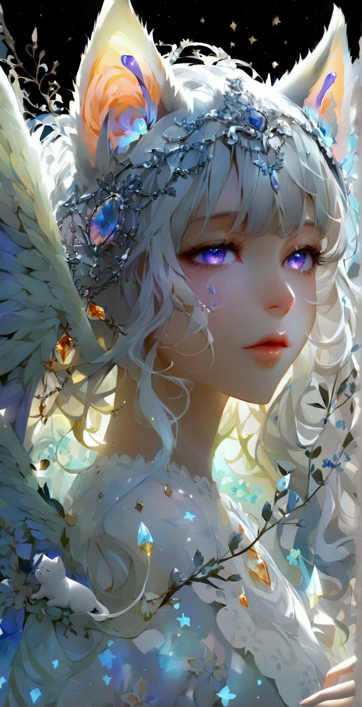 beauty,Long Wavy Hair,Gray Hairはとても魅力的です, Detailed and precise manual work, Attractive girl,,Purple eyes and white eyelashes,light in your eyes,Reflecting the entirety of a large angel's wings,delicate, A fluffy white dress like a cloud, Hand-drawn illustration,Broad background,cute、flight、Your eyes are bright and beautiful、whole body、Gray Hair、White cat ears、Cat Tail、beautiful青い目、white crown、beautiful、Black Moon、Purple light、universe、Fantasy,Lots of light、gem、magic、AmbiLight,The colors are vibrant and bright,Black background,mist,Detailed Description,Rich details,An explosion of imagination,masterpiece,8K,Light,Tyndall effect、high resolution