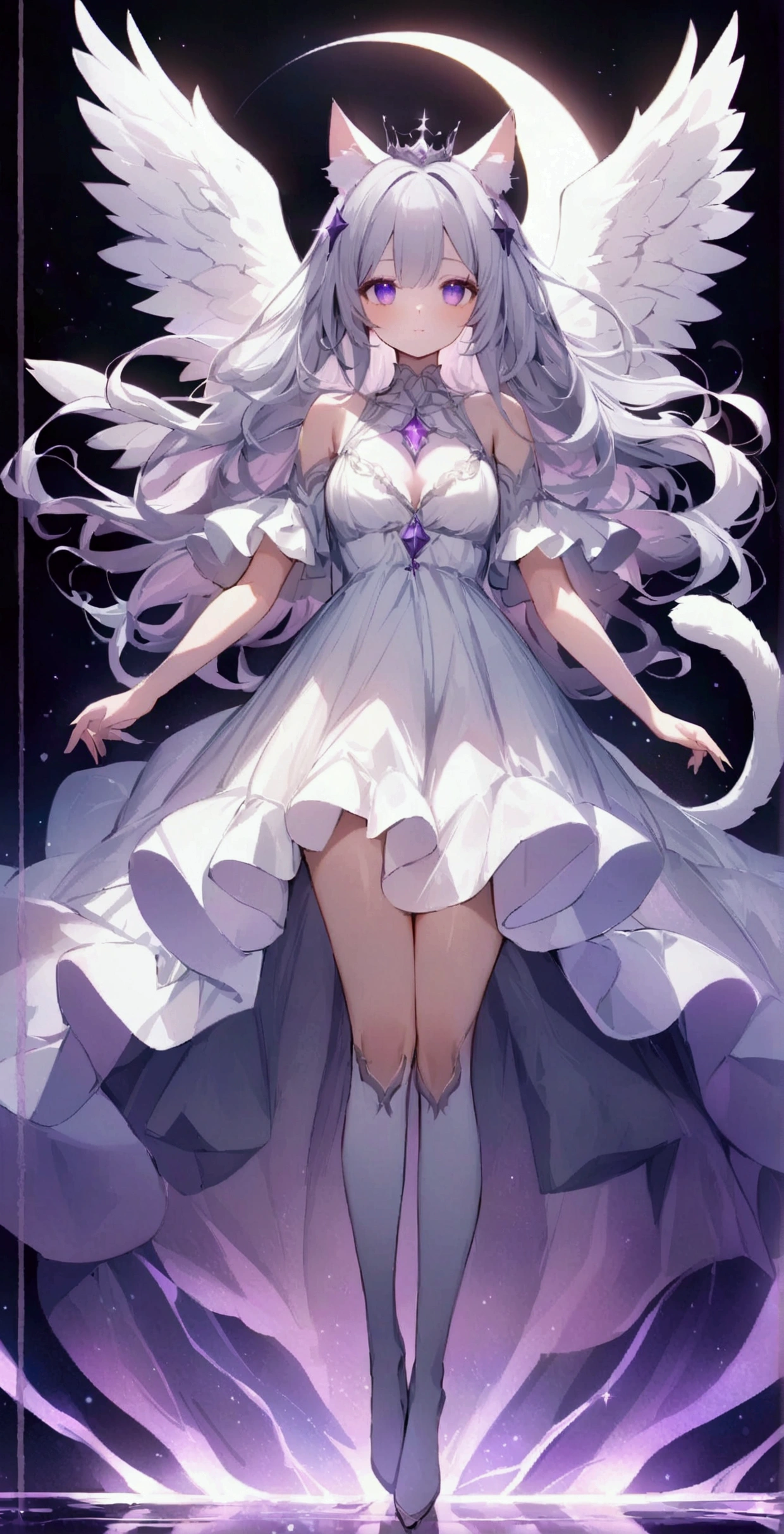 beauty,Long Wavy Hair,Gray Hairはとても魅力的です, Detailed and precise manual work, Attractive girl,,Purple eyes and white eyelashes,light in your eyes,Reflecting the entirety of a large angel&#39;s wings,delicate, A fluffy white dress like a cloud, Hand-drawn illustration,Broad background,cute、flight、Your eyes are bright and beautiful、whole body、Gray Hair、White cat ears、Cat Tail、beautiful青い目、white crown、beautiful、Black Moon、Purple light、universe、Fantasy，Lots of light、gem、magic、AmbiLight，The colors are vibrant and bright，Black background，mist，Detailed Description，Rich details，An explosion of imagination，masterpiece，8K，Light，Tyndall effect、high resolution