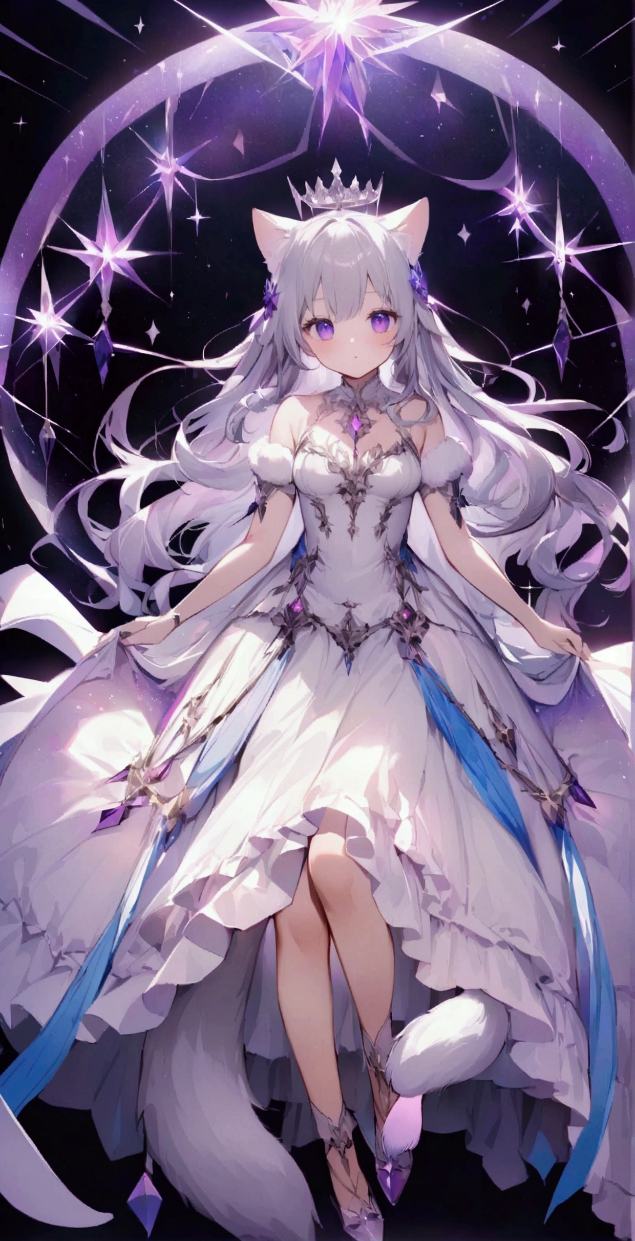 beauty,Long Wavy Hair,Gray Hairはとても魅力的です, Detailed and precise manual work, Attractive girl,,Purple eyes and white eyelashes,light in your eyes,Reflecting the entirety of a large angel&#39;s wings,delicate, A fluffy white dress like a cloud, Hand-drawn illustration,Broad background,cute、flight、Your eyes are bright and beautiful、whole body、Gray Hair、White cat ears、Cat Tail、beautiful青い目、white crown、beautiful、Black Moon、Purple light、universe、Fantasy，Lots of light、gem、magic、AmbiLight，The colors are vibrant and bright，Black background，mist，Detailed Description，Rich details，An explosion of imagination，masterpiece，8K，Light，Tyndall effect、high resolution