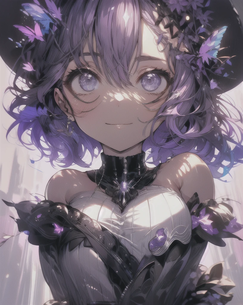 cowboy shot, ((no hat:1.3)), (8K, Highest quality, Highest quality, masterpiece), round chin, big breasts, wide hips, beautiful detailed face, detailed eyes, One girl, alone, cute, short bob hair, purple hair, Off the shoulder:1.2, street, purple jacket, white and black shirt, black short pants, beautiful fingers, purple nail, five fingers on each hand, hands on hips, put your hands in your pockets, purple theme,