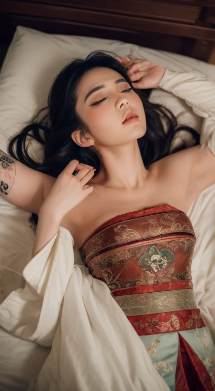 ((Best quality, 8k, Masterpiece :1.3)), Geisha model Sleep on your back looking up. On the bed. Inside the castle. wearing Geisha clothes. Bare shoulders. with decorative tattoos on the body + shooting from the top angle: full body look