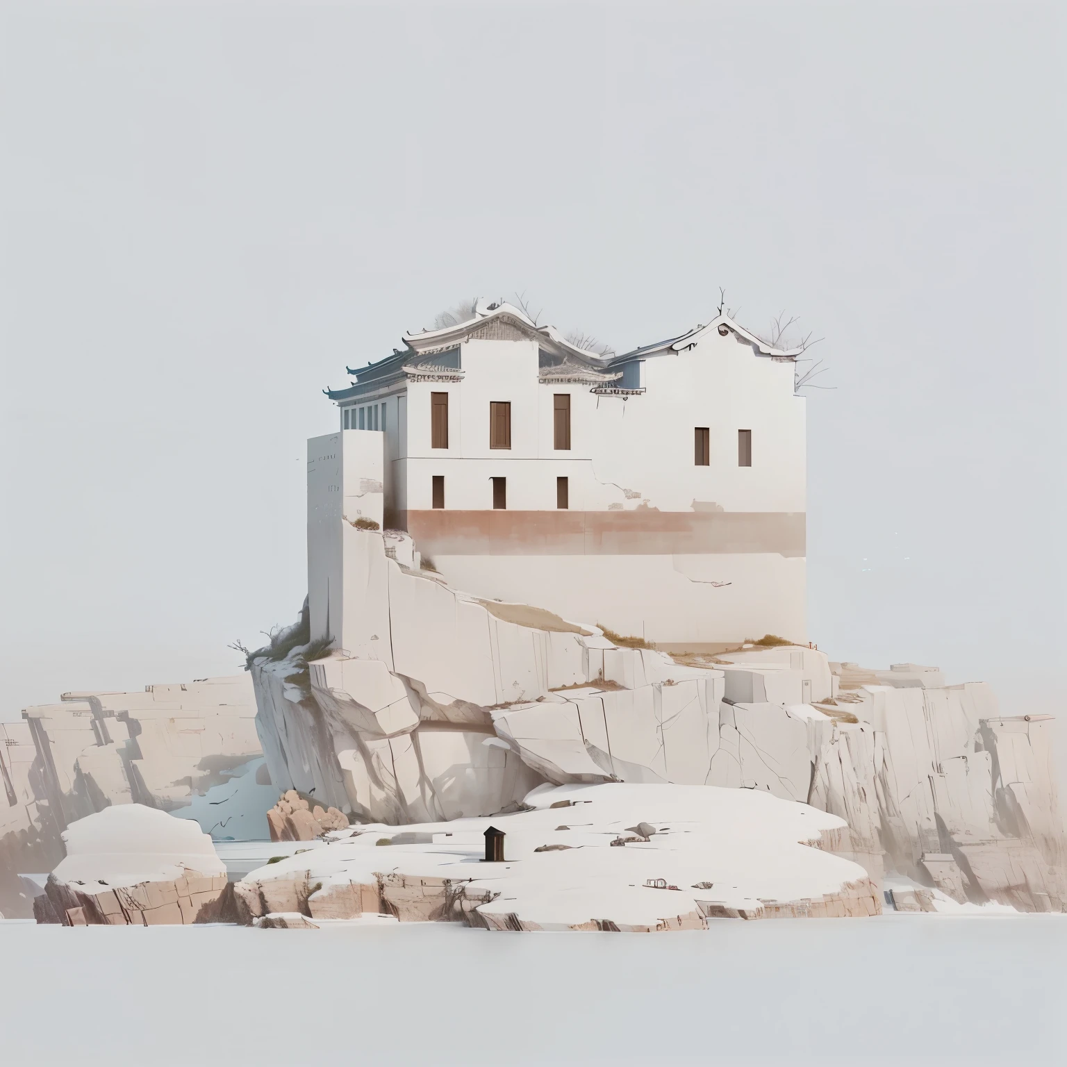 There is a small building on the rocks sticking out of the water, inspired ZHANG Kechun, ZHANG Kechun, Inspired by Zhou Jichang, Inspired by Fei Danxu, zhuoxin ye, Ruan Jian, Jia Ruan, wei wang, wangliang, mingchen shen, AuthorShen Zhou, by Li Zai, sha xi