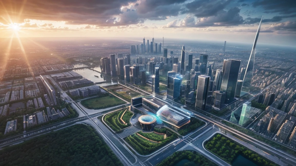 (best quality,4K,8K,high resolution,masterpiece:1.2),Extremely detailed,(Practical,Reality,Photo-realistic:1.37)，futuristic city，Futurism，稀疏的architecture物，Cloud Piercing Tower,Flowers，flowering，Water Flow，fountain，Nature，Round，connect，architecture物相互连接，Ribbon，Glass，Light，Plants have，architecture，specific，Glass wall，Plants combined with cities，Forest City，Flying Cars，Aircraft，Electronic screens，Holographic projection，peculiar，24th century，Stunning aerial view,Tranquil atmosphere,Nature and technology coexist,Epic sunrise，Quiet and peaceful environment,Modernist aesthetics,Ethereal Beauty