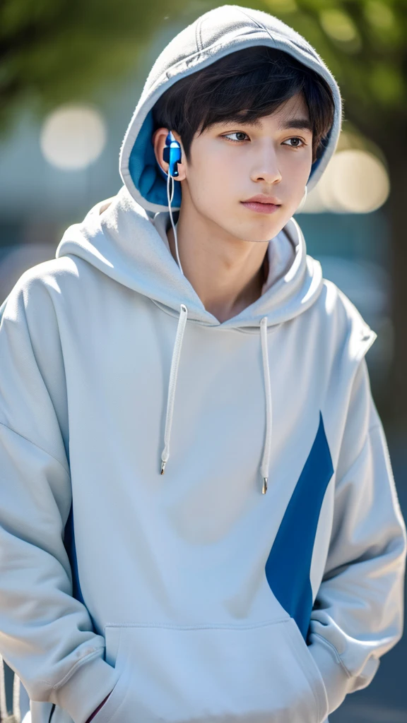 (Best quality, 8k, 32k, Masterpiece, UHD:1.2) white skin boy with earphones and a hoodie listening to music, young anime man, inspired by Gojo Satoru, inspired by Gojo Satoru, as an anime character, blue glow eye, ear piercings, white camo hoodie, striped shirt