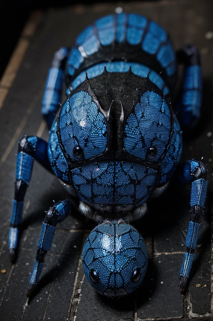 A blue four-legged spider with scales like a fish
