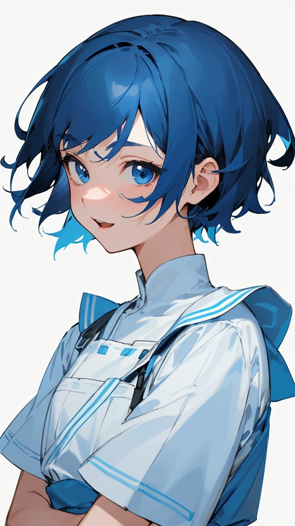 One Girl, solo, Short hair like a boy、Dark blue hair、Light blue hair band:1.2、blue eyes, Laughter, White Dress, Line art, From the side、Upper body close-up、Simple Background, White background,