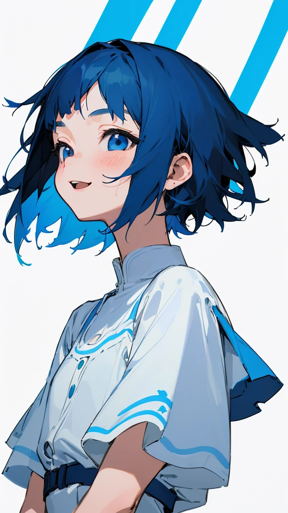 One Girl, solo, Short hair like a boy、Dark blue hair、Light blue hair band:1.2、blue eyes, Laughter, White Dress, Line art, From the side、Upper body close-up、Simple Background, White background,