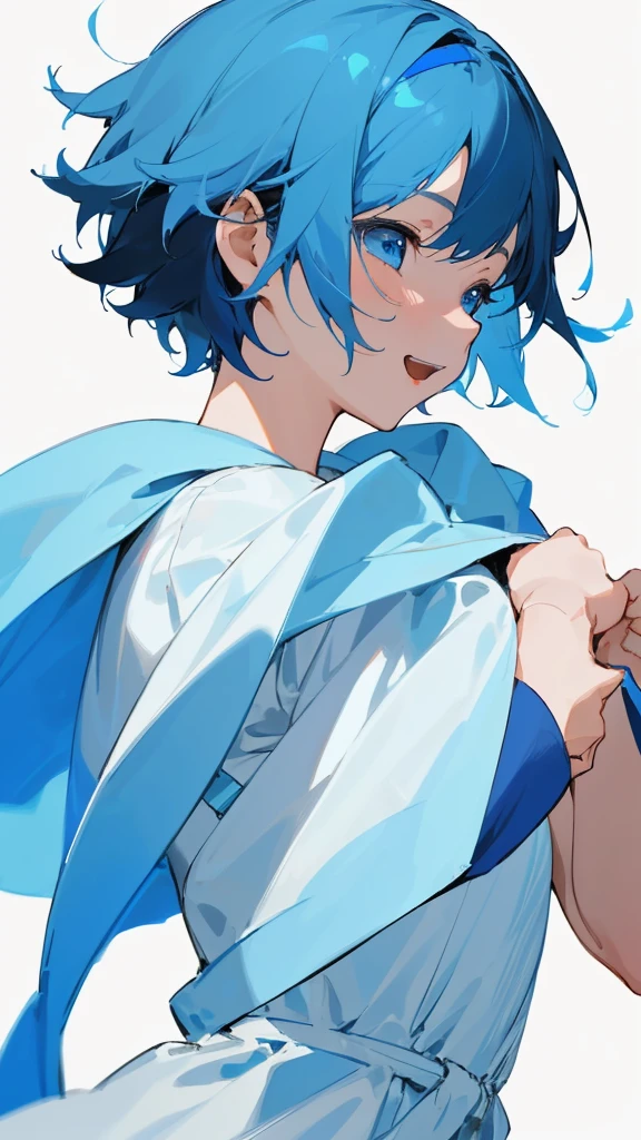 One Girl, solo, Short hair like a boy、Dark blue hair、Light blue hair band:1.2、blue eyes, Laughter, White Dress, Line art, From the side、Upper body close-up、Simple Background, White background,