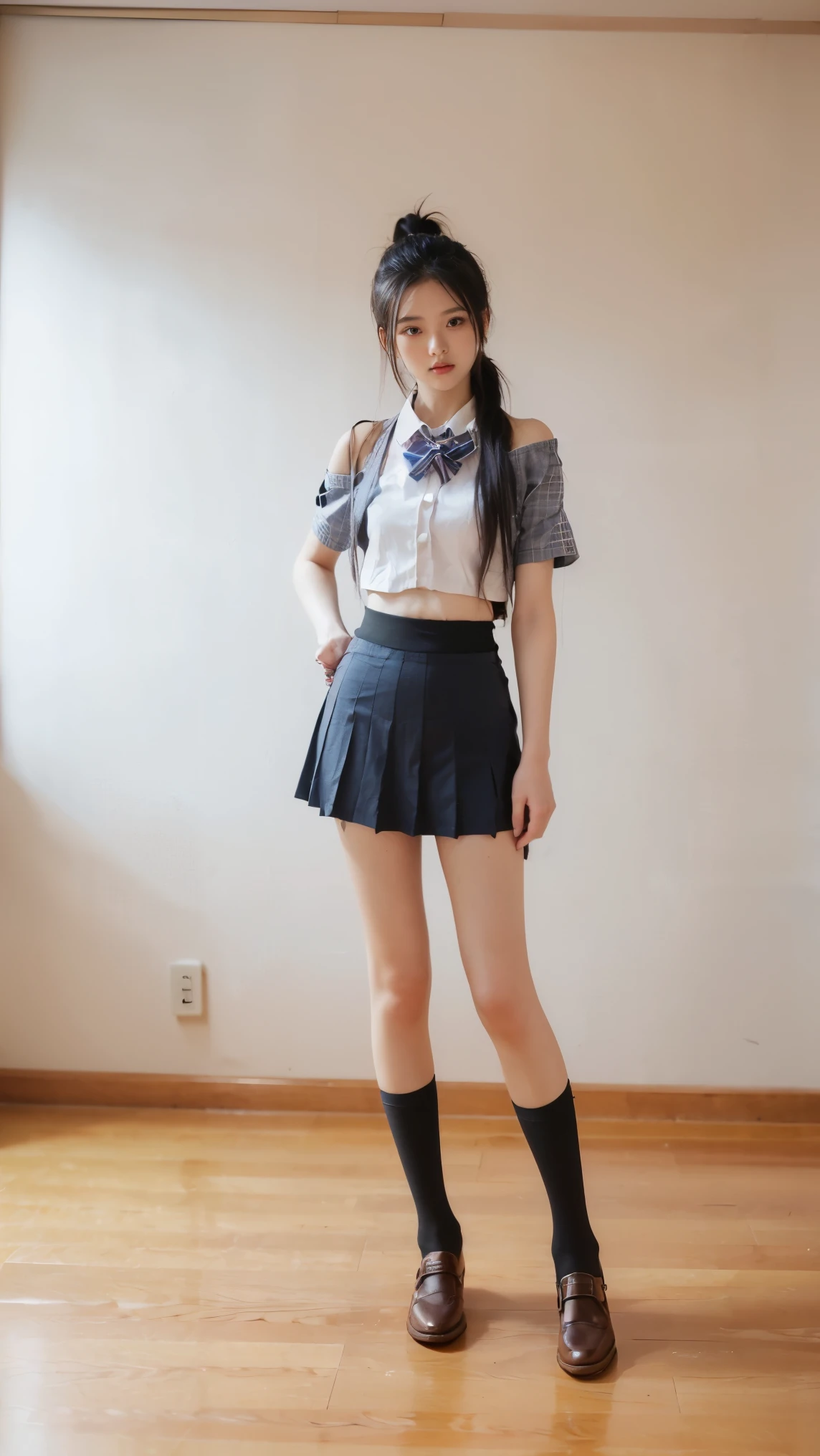 ((masterpiece)),(((最high quality))),(((((A full-body shot of a girl from floor height:1.8))))),((Photograph the whole body from knee height:1.7)),((((((Stand up straight with your legs together:1.9)))))),((Thin thighs)),((Long legs)),(((Girl standing in a school classroom:1.5))),(((Micro Mini Skirt Uniform:1.6))),((tall:1.6)),((Japanese high school girls wearing summer uniforms:1.8)),((Wearing a red checked tie)),Wearing a short-sleeved white shirt,The bra is clearly visible through the fabric,(Blue checked micro mini skirt:1.2),(16 years old:1.3),bangs,A small smile,((cute女の子)),Slender girl,Black Loafers,Short navy blue socks,cute,cute,Black hair ponytail,Thin legs,Slim model body shape,Very small waist,Small hips,long thighs,Thin thighs,Thin hands,Long hands,((((Photograph the whole body from below:1.7)))),((k-popのIVEのWONYOUNGにそっくりの女の子:1.9)),((Face your whole body straight ahead:1.8)),((tall:1.4)),(Stand with your legs straight and without bending your knees:1.7),((Stand up straight:1.7)),((Keep your hips facing forward:1.7)),The ankles are super thin,Beauty,Fine skin,Firm skin,引き締まったThin legsの肌を細部までリアルに再現,Super detailed, High detail, high quality, Awards,High resolution,(Anatomically correct:1.3),(8K,Raw photo,最high quality,masterpiece:1.5),(((Photographing a girl's whole body from below))),(((She is taking a photo alongside three other girls from her class.:1.5))),3人ともスリムでcute,((Stand up straight with your legs together:1.7)),((Stand up straight without bending your knees:1.7)),((Stand up straight with your feet shoulder-width apart:1.5)),((Stand up straight in a relaxed position:1.7)),(((Keep your spine straight:1.8))),((Face forward:1.2))