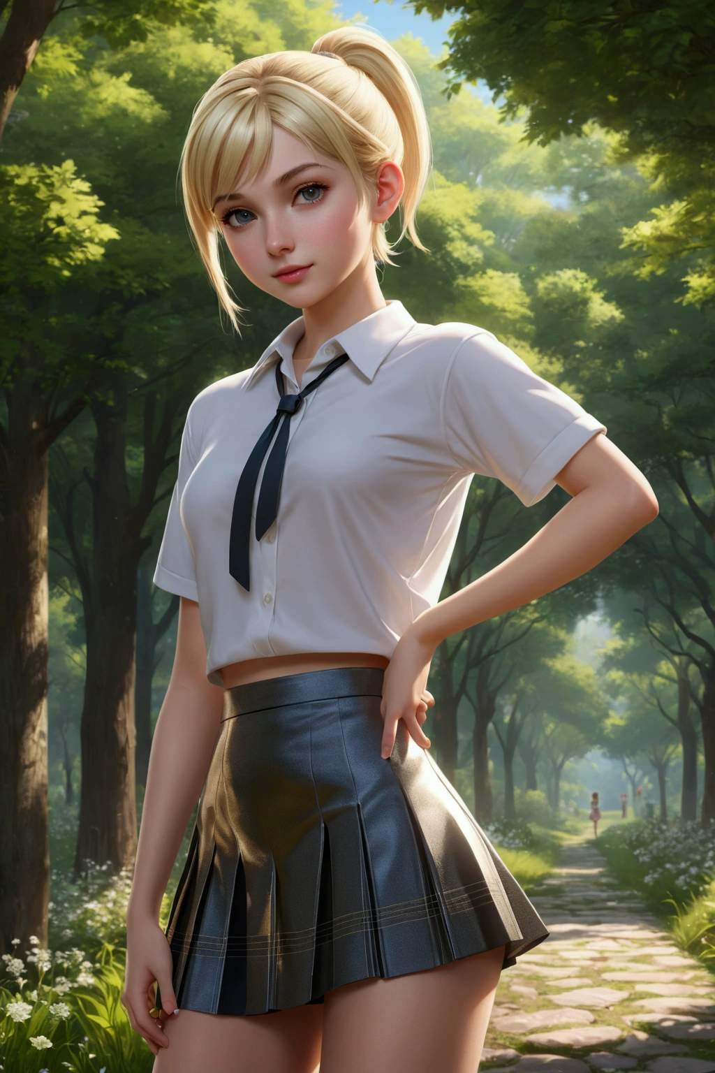 (masterpiece, best quality),1girl, 20yo, perfect face, shiny skin, extremely detailed CG unity 8k wallpaper,beautiful girl,outdoor,fullbody,micro mini skirt,cute girl,slim,blonde, short hair, Ponytail,beautiful eyes,