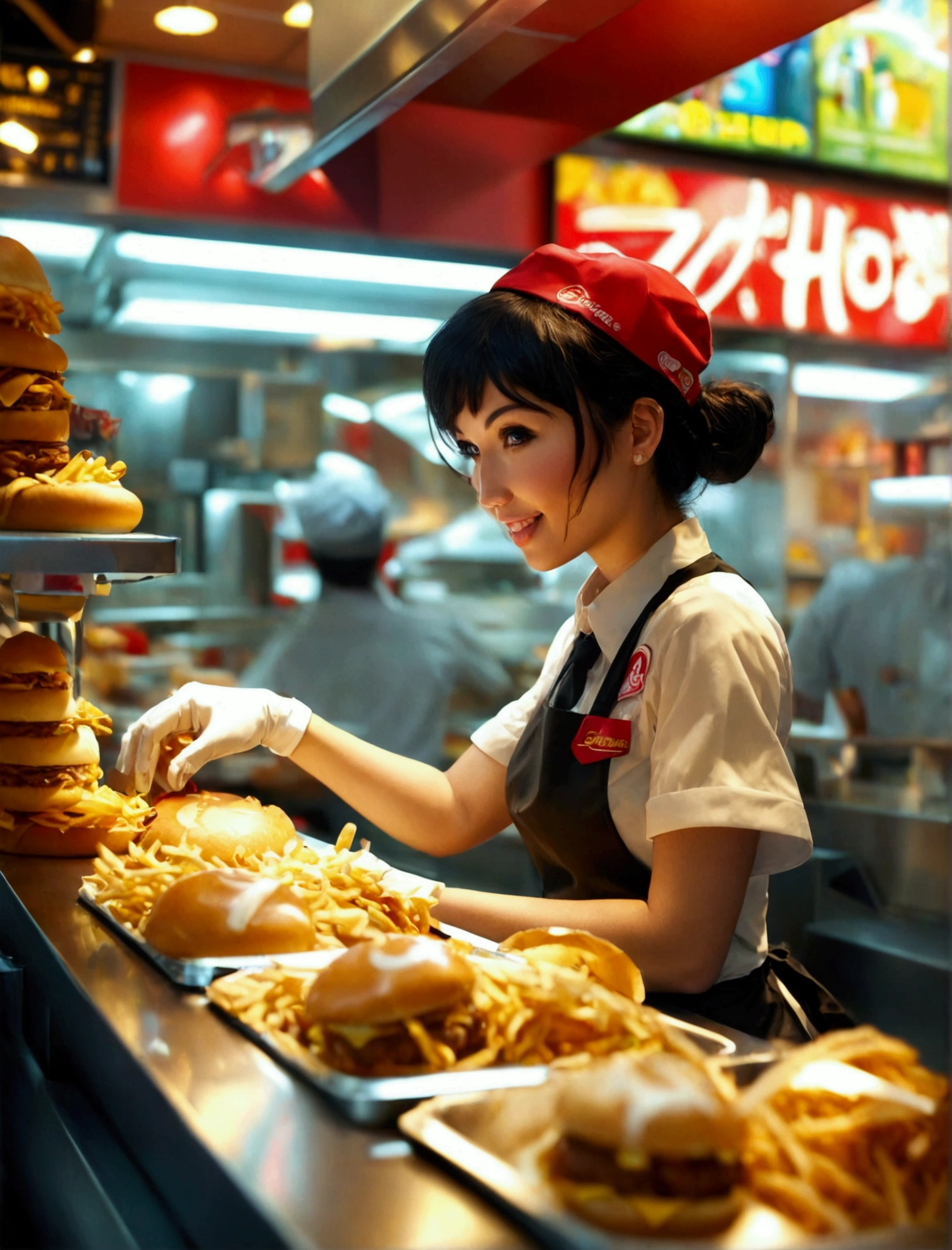 Aphotorealistic, ultra-detailed representation of a dedicated fast food worker serving customers behind the counter in an upper body shot. The individual, showcasing a genuine smile, is skillfully multitasking, handling various orders with precision and attention to detail. Their uniform, emblazoned with the familiar logos of the fast food chain, is worn neatly, and their hands move with dexterity as they assemble meals. The background is a blur of movement, customers lining up to place their orders. The scene is brightly lit, highlighting the worker's focused expression and the intricate mechanisms of the fast food assembly line. The image is shot in 8K UHD, gigantic breasts, giga_busty