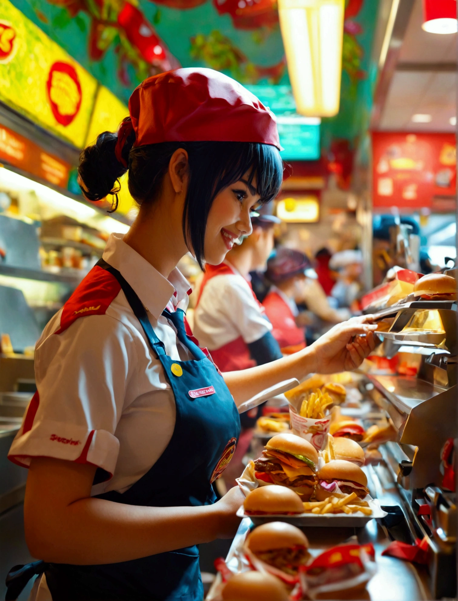 Aphotorealistic, ultra-detailed representation of a dedicated fast food worker serving customers behind the counter in an upper body shot. The individual, showcasing a genuine smile, is skillfully multitasking, handling various orders with precision and attention to detail. Their uniform, emblazoned with the familiar logos of the fast food chain, is worn neatly, and their hands move with dexterity as they assemble meals. The background is a blur of movement, customers lining up to place their orders. The scene is brightly lit, highlighting the worker's focused expression and the intricate mechanisms of the fast food assembly line. The image is shot in 8K UHD, gigantic breasts, giga_busty