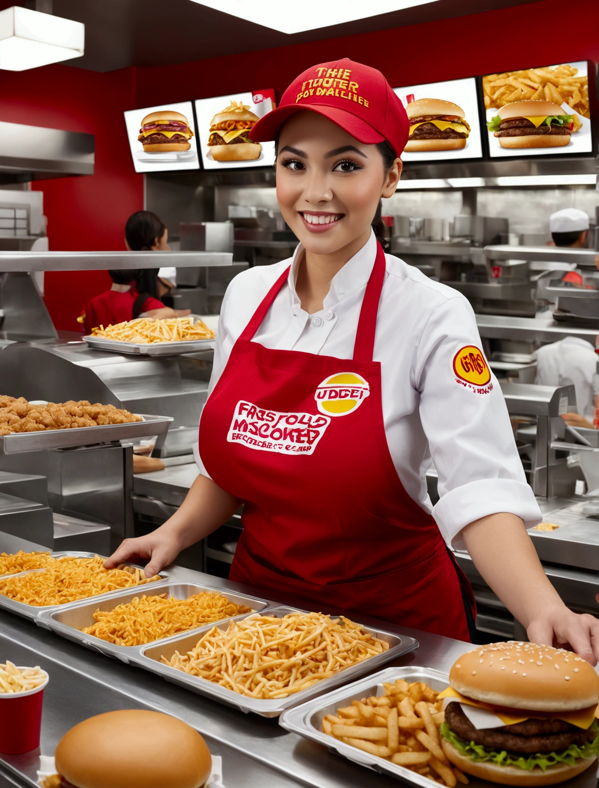 Aphotorealistic, ultra-detailed representation of a dedicated fast food worker serving customers behind the counter in an upper body shot. The individual, showcasing a genuine smile, is skillfully multitasking, handling various orders with precision and attention to detail. Their uniform, emblazoned with the familiar logos of the fast food chain, is worn neatly, and their hands move with dexterity as they assemble meals. The background is a blur of movement, customers lining up to place their orders. The scene is brightly lit, highlighting the worker's focused expression and the intricate mechanisms of the fast food assembly line. The image is shot in 8K UHD, breasts, giga_busty