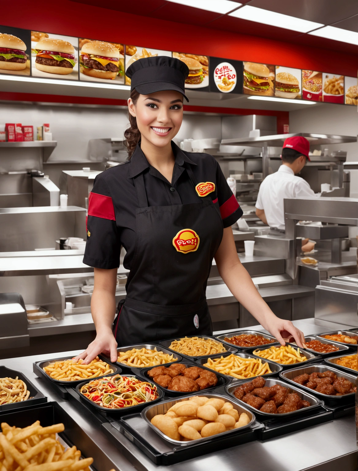 Aphotorealistic, ultra-detailed representation of a dedicated fast food worker serving customers behind the counter in an upper body shot. The individual, showcasing a genuine smile, is skillfully multitasking, handling various orders with precision and attention to detail. Their uniform, emblazoned with the familiar logos of the fast food chain, is worn neatly, and their hands move with dexterity as they assemble meals. The background is a blur of movement, customers lining up to place their orders. The scene is brightly lit, highlighting the worker's focused expression and the intricate mechanisms of the fast food assembly line. The image is shot in 8K UHD, breasts, giga_busty