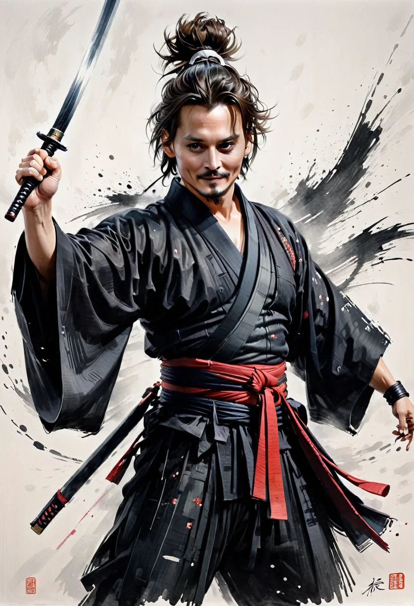 Ink painting,1color,whole body,smile,Johnny Depp,Medium Hair,Samurai,Black kimono,(haori),(Intense sword fighting scene with outstretched arms),Drawing strokes drawn with rot ring 0,Dynamic movement and powerful brushstrokes、splash,