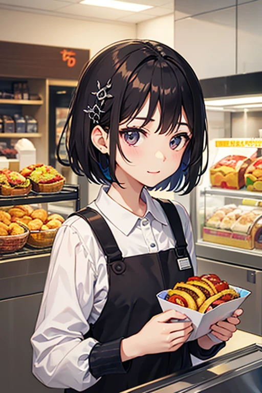 Highest quality、front、Black Hair、Iris、short hair、girl、cute、、、Small hair ornament、1 person、fast food、clerk、Customer Service、